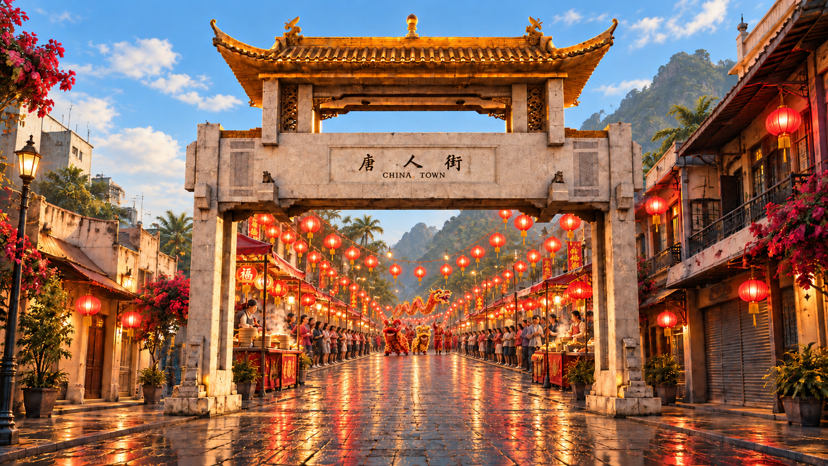 An artistic sky-blue rendition of the Port Louis Chinatown gateway with an open lantern-lit road, food stalls along the sides, and small lion and dragon dancers farther down the street